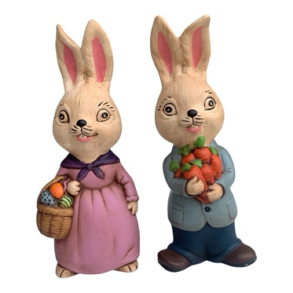 VTG Ceramic Mother Father Bunny Rabbit 2-Piece Set Figurines Hand Painted Rustic